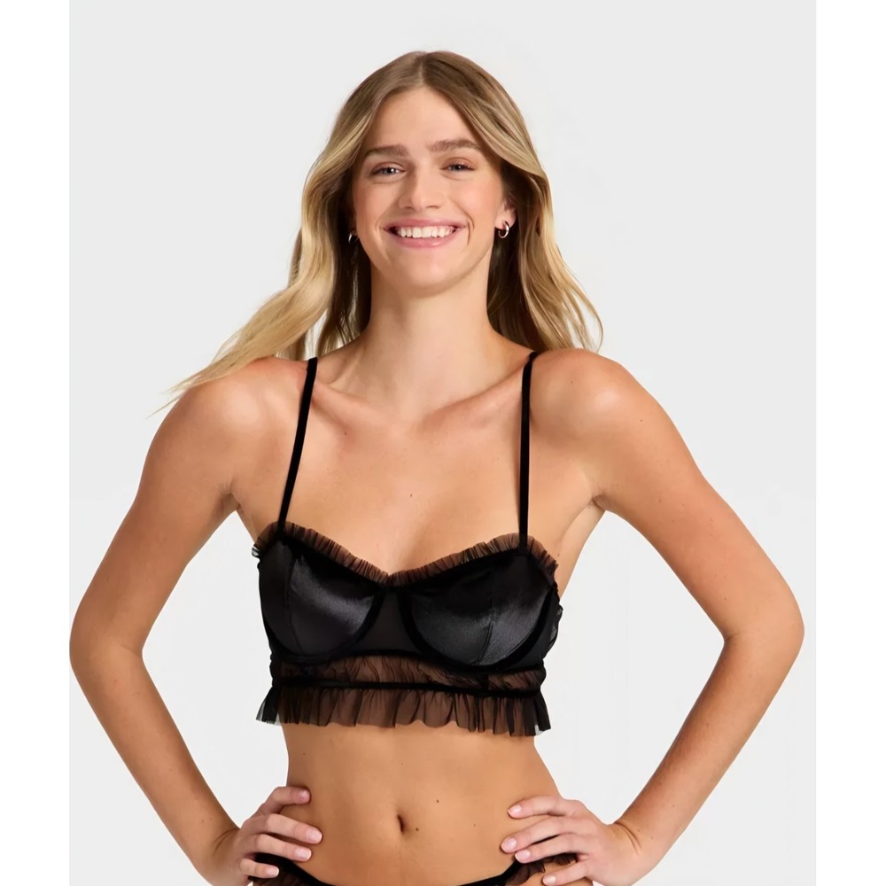 Auden Black Velvet Mesh Pleated Bralette Bra S Lingerie Coquette Whimsigoth NEW